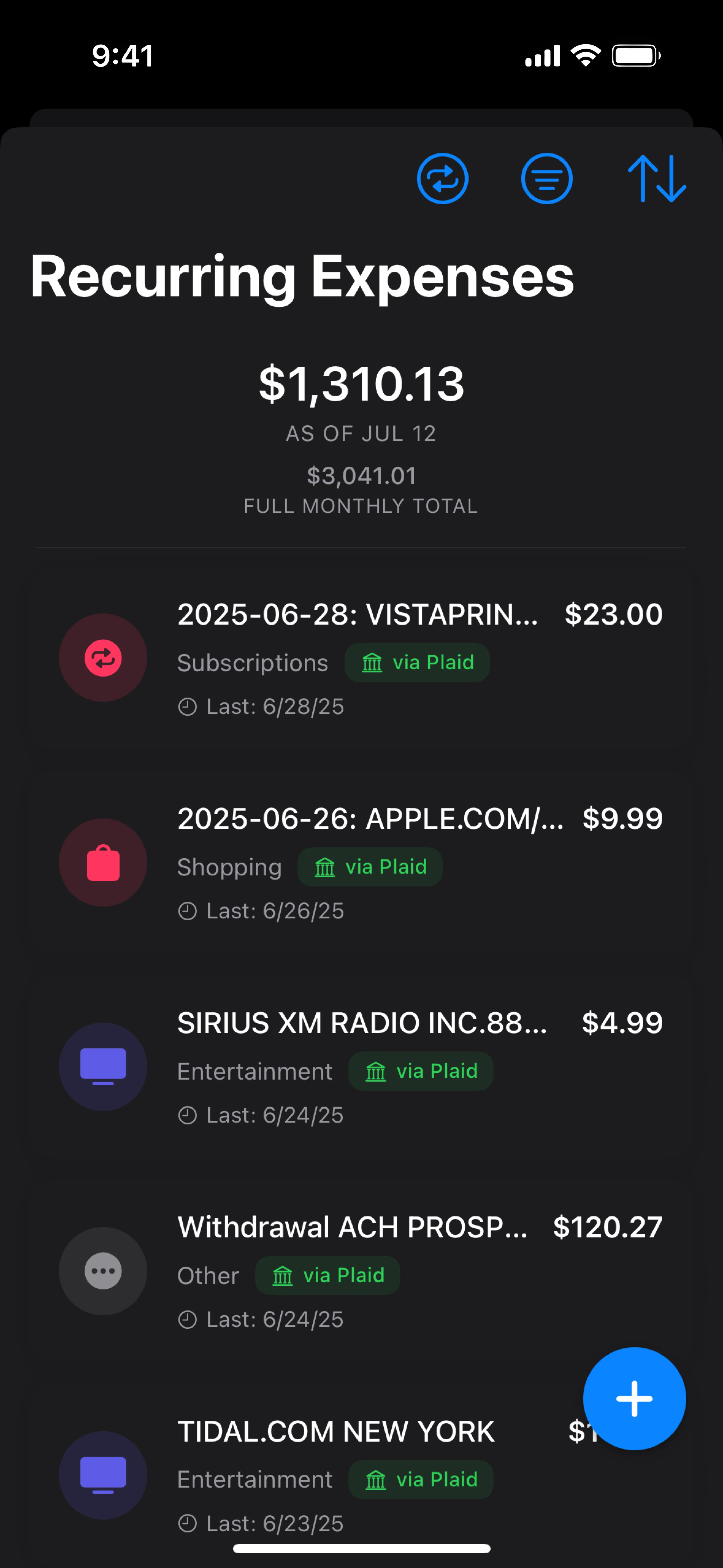 Recurring expenses interface